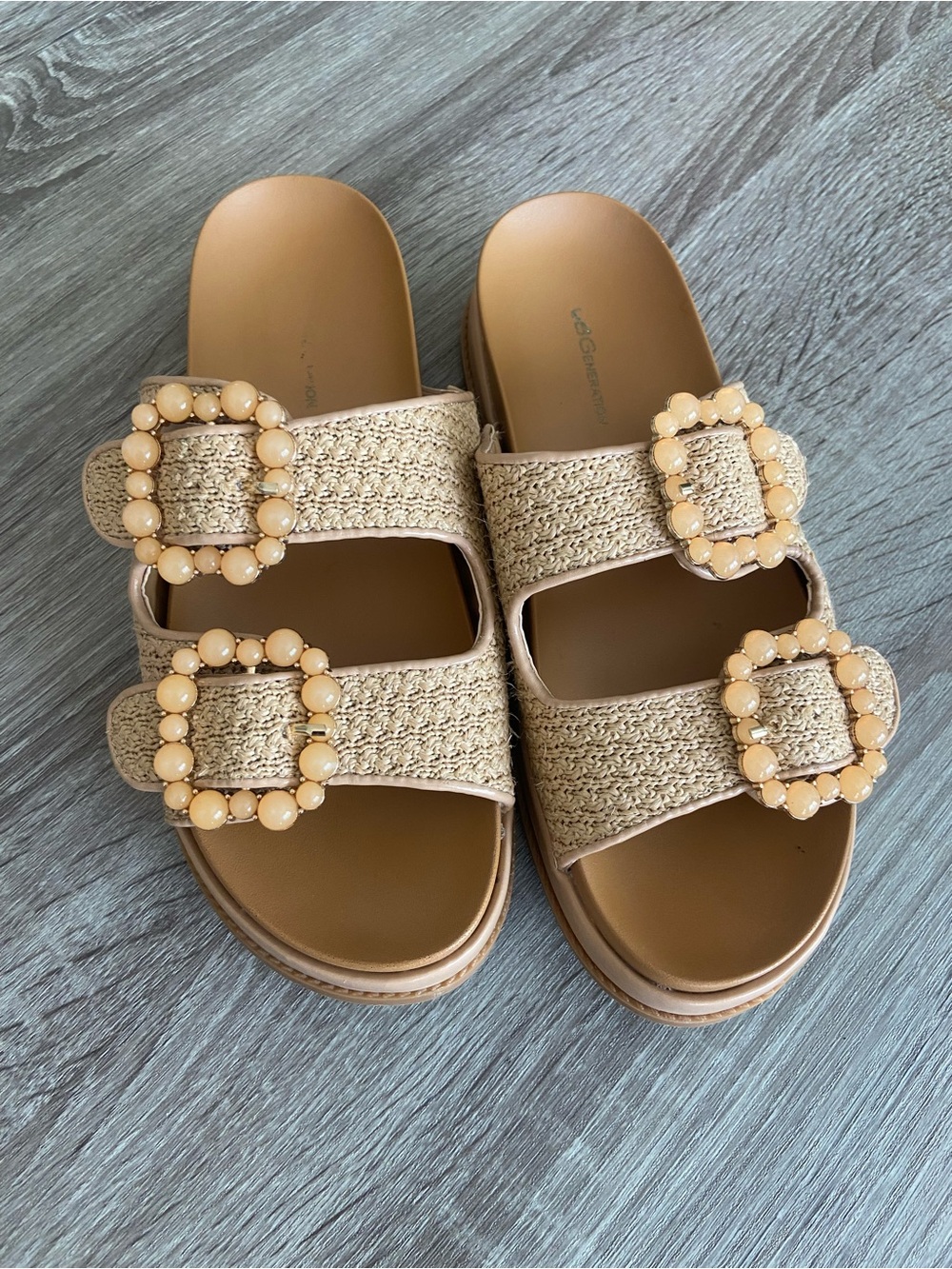BCBGeneration Beaded Buckle Raffia Slide Sandals - Beige